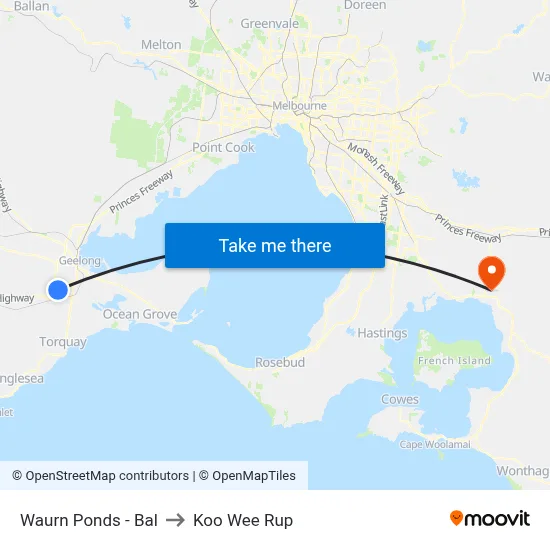 Waurn Ponds - Bal to Koo Wee Rup map
