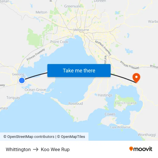 Whittington to Koo Wee Rup map