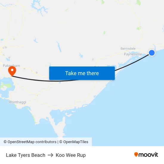 Lake Tyers Beach to Koo Wee Rup map