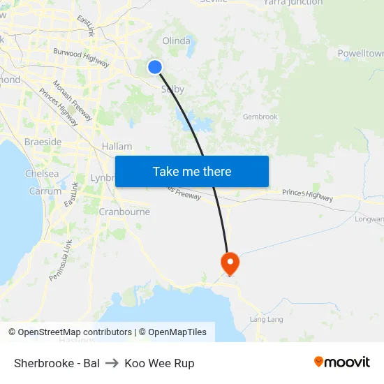 Sherbrooke - Bal to Koo Wee Rup map