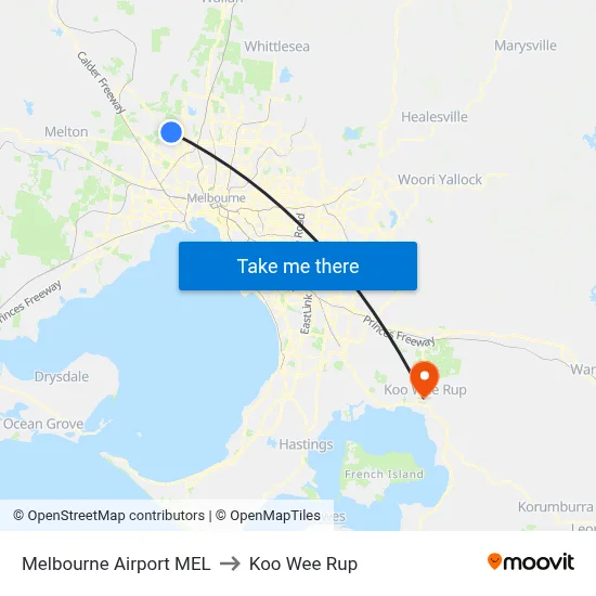 Melbourne Airport MEL to Koo Wee Rup map