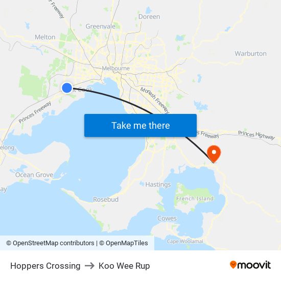Hoppers Crossing to Koo Wee Rup map