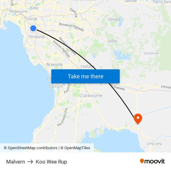 Malvern to Koo Wee Rup map