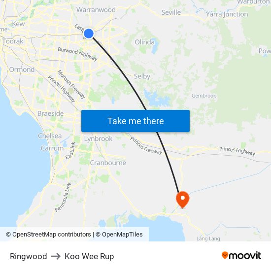 Ringwood to Koo Wee Rup map
