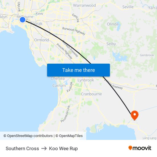 Southern Cross to Koo Wee Rup map