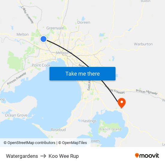 Watergardens to Koo Wee Rup map