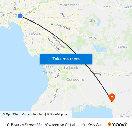 10-Bourke Street Mall/Swanston St (Melbourne City) to Koo Wee Rup map