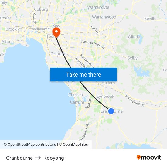 Cranbourne to Kooyong map