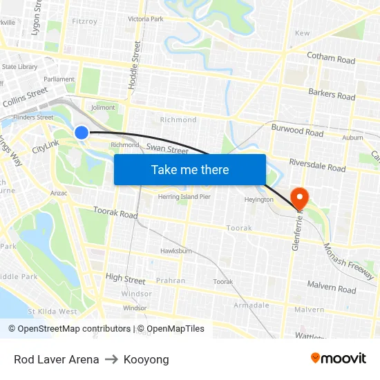 Rod Laver Arena to Kooyong map