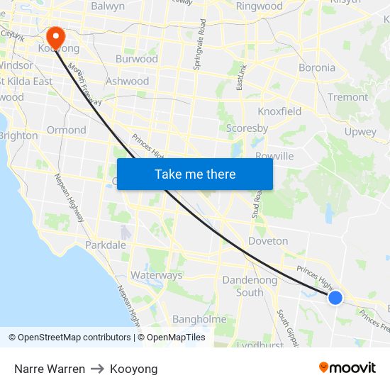 Narre Warren to Kooyong map