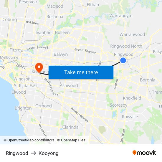 Ringwood to Kooyong map