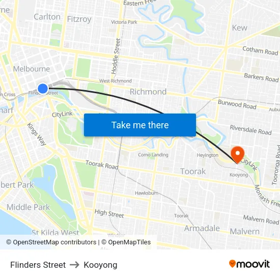 Flinders Street to Kooyong map
