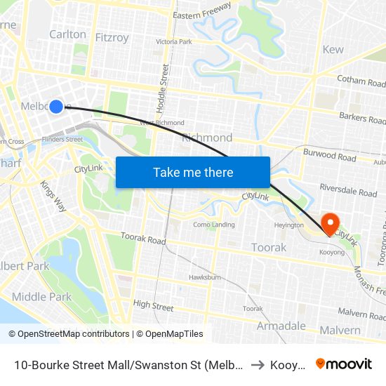 10-Bourke Street Mall/Swanston St (Melbourne City) to Kooyong map