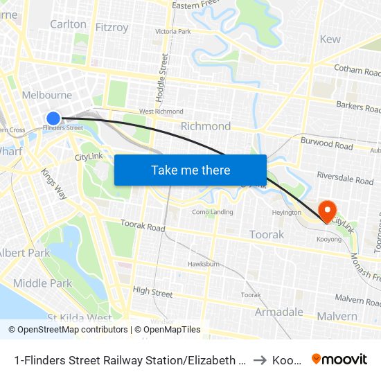 1-Flinders Street Railway Station/Elizabeth St (Melbourne City) to Kooyong map