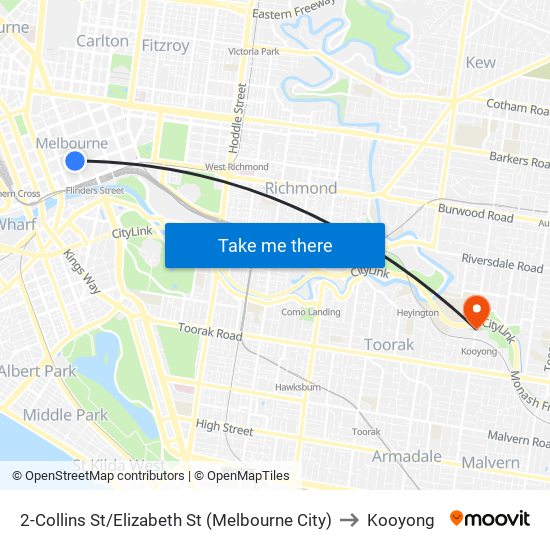 2-Collins St/Elizabeth St (Melbourne City) to Kooyong map