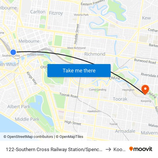 122-Southern Cross Railway Station/Spencer St (Melbourne City) to Kooyong map
