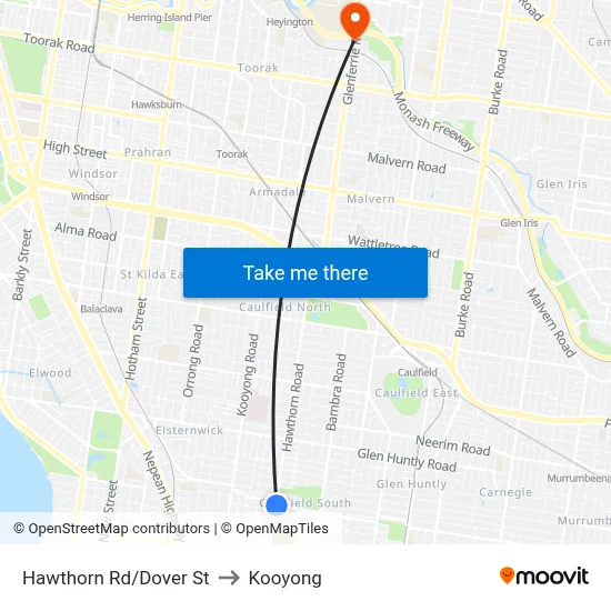 Hawthorn Rd/Dover St to Kooyong map