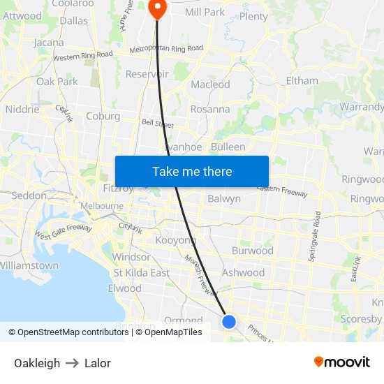 Oakleigh to Lalor map