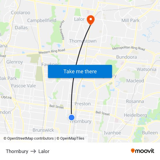 Thornbury to Lalor map