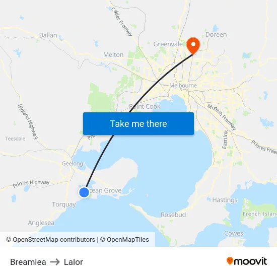 Breamlea to Lalor map