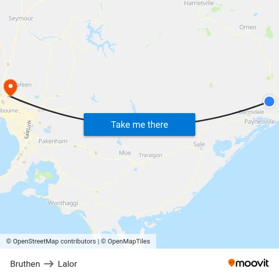 Bruthen to Lalor map