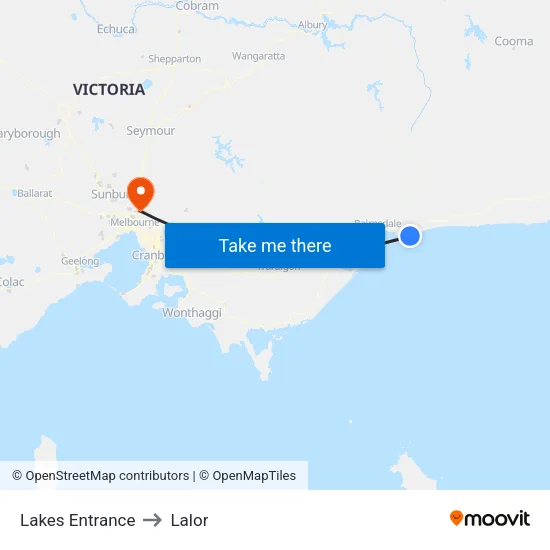 Lakes Entrance to Lalor map