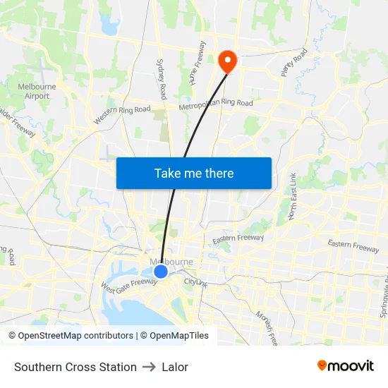Southern Cross Station to Lalor map