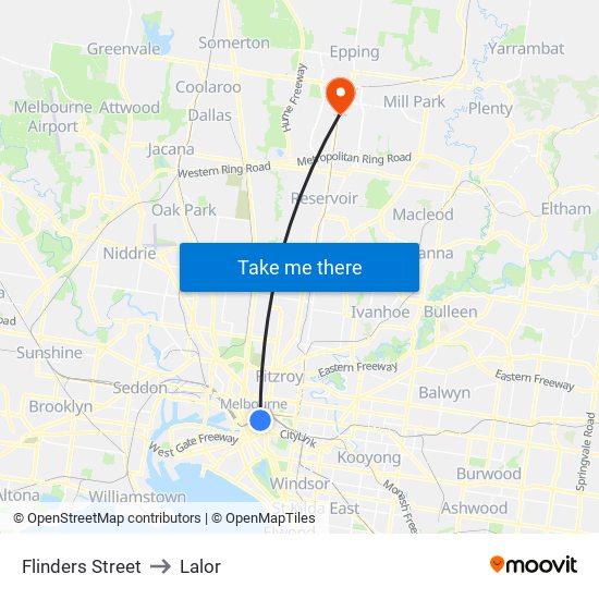 Flinders Street to Lalor map