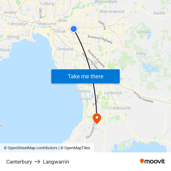 Canterbury to Langwarrin map