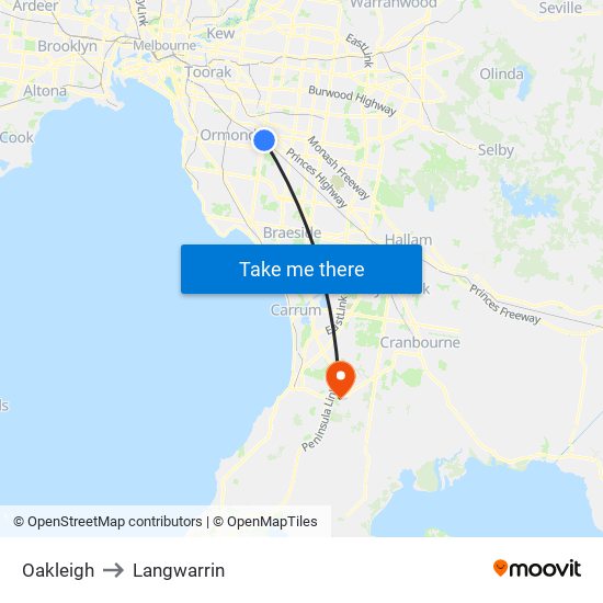 Oakleigh to Langwarrin map