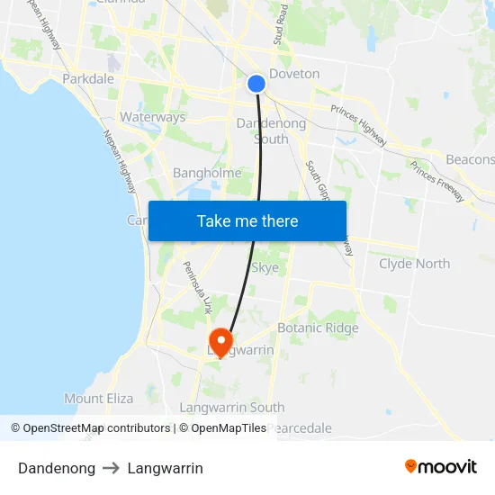 Dandenong to Langwarrin map