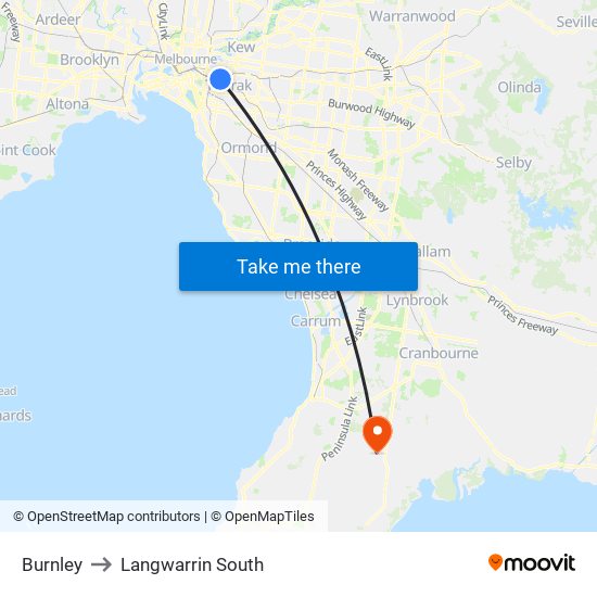 Burnley to Langwarrin South map