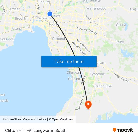 Clifton Hill to Langwarrin South map