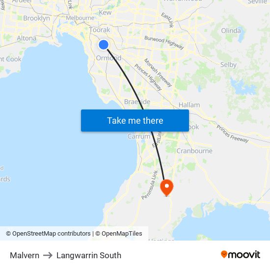 Malvern to Langwarrin South map