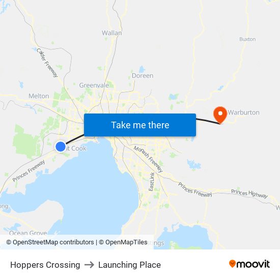 Hoppers Crossing to Launching Place map
