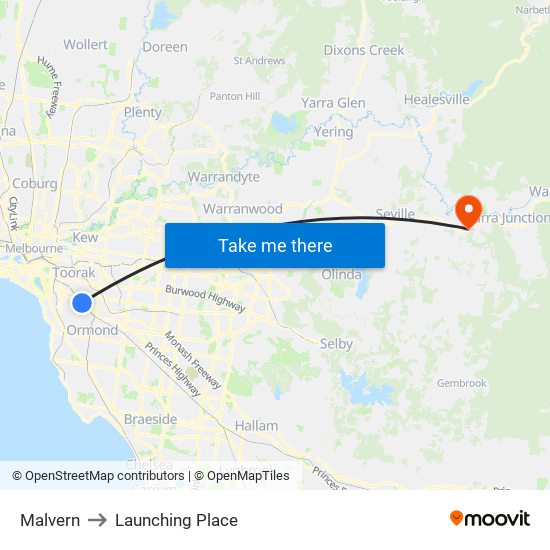 Malvern to Launching Place map