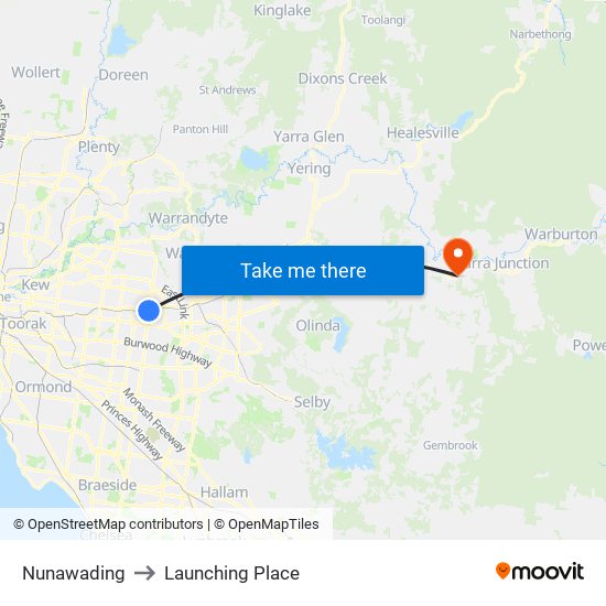 Nunawading to Launching Place map