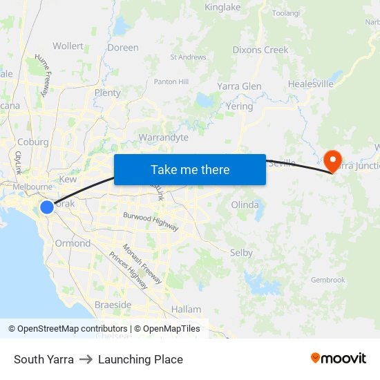 South Yarra to Launching Place map