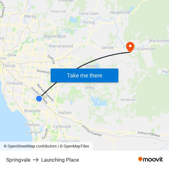 Springvale to Launching Place map