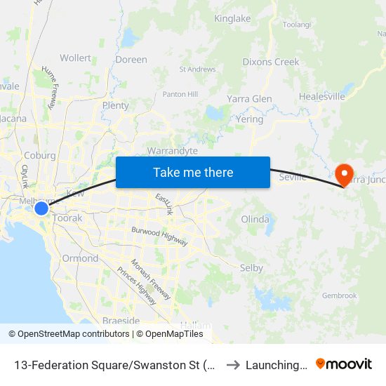 13-Federation Square/Swanston St (Melbourne City) to Launching Place map