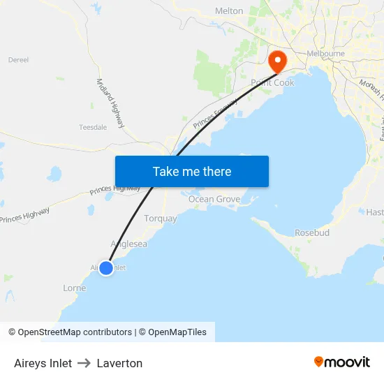 Aireys Inlet to Laverton map
