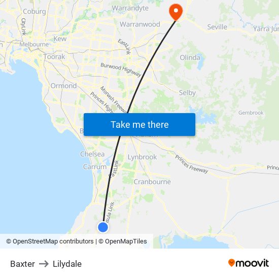 Baxter to Lilydale map