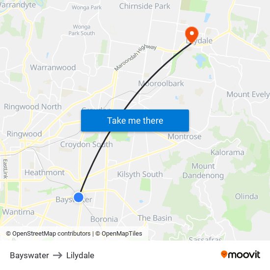 Bayswater to Lilydale map