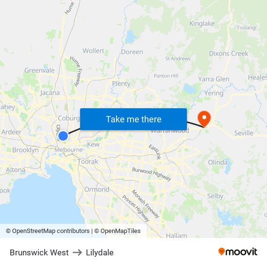 Brunswick West to Lilydale map