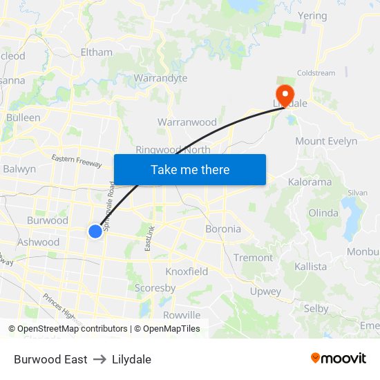 Burwood East to Lilydale map