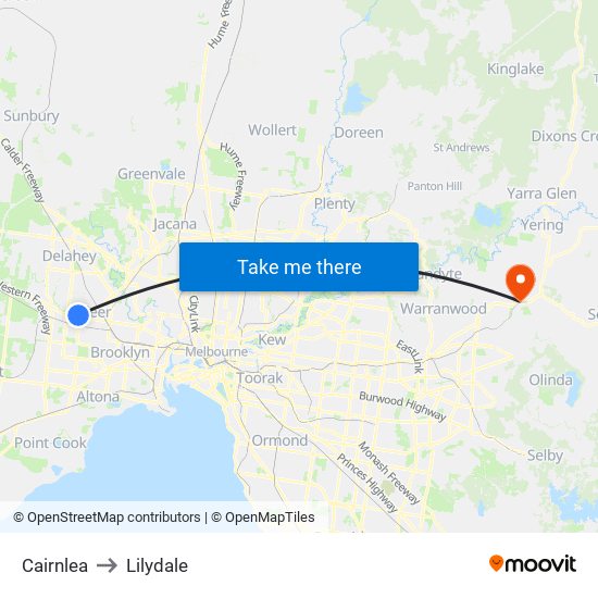 Cairnlea to Lilydale map