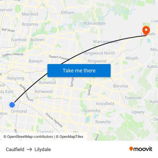 Caulfield to Lilydale map