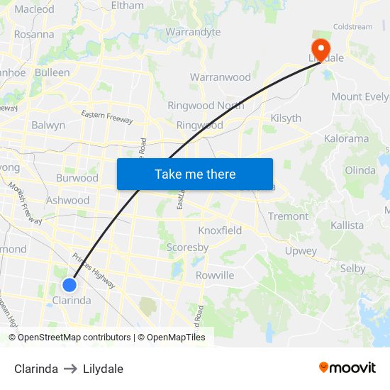 Clarinda to Lilydale map