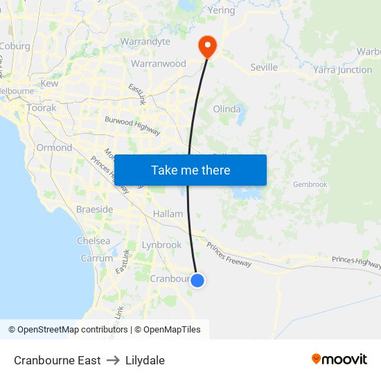 Cranbourne East to Lilydale map