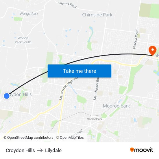 Croydon Hills to Lilydale map